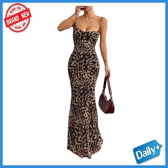 Leopard Print Ruched Backless Bodycon Maxi Dress Sleeveless Long